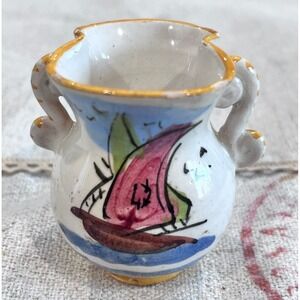 Vintage Italy Hand Painted Miniature Vase Sailboat Nautical Pottery Signed 2.25"